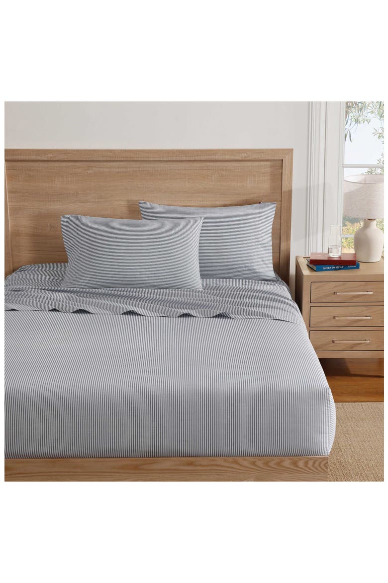 Highland Ticking Stripe Cotton Fitted Sheet, Main, color, WHITE/ NAVY BLUE