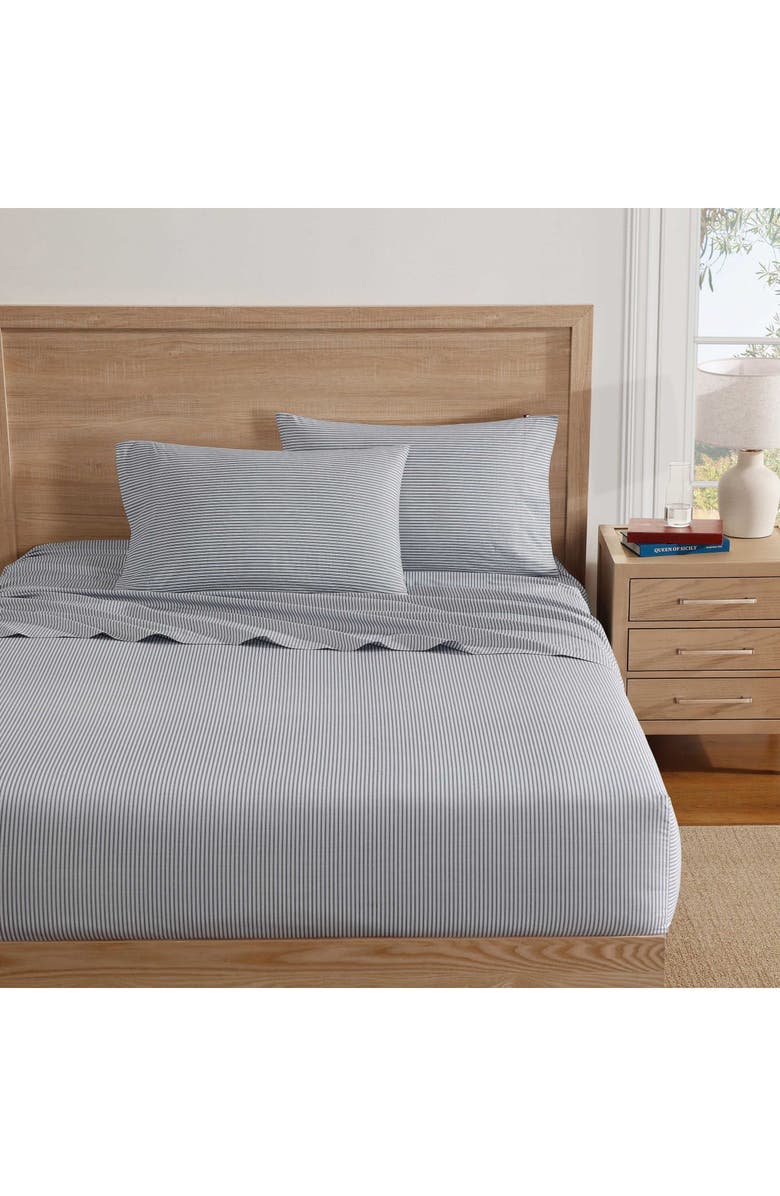 Tommy Hilfiger Highland Ticking Stripe Cotton Fitted Sheet, Main, color, White/ Navy Blue