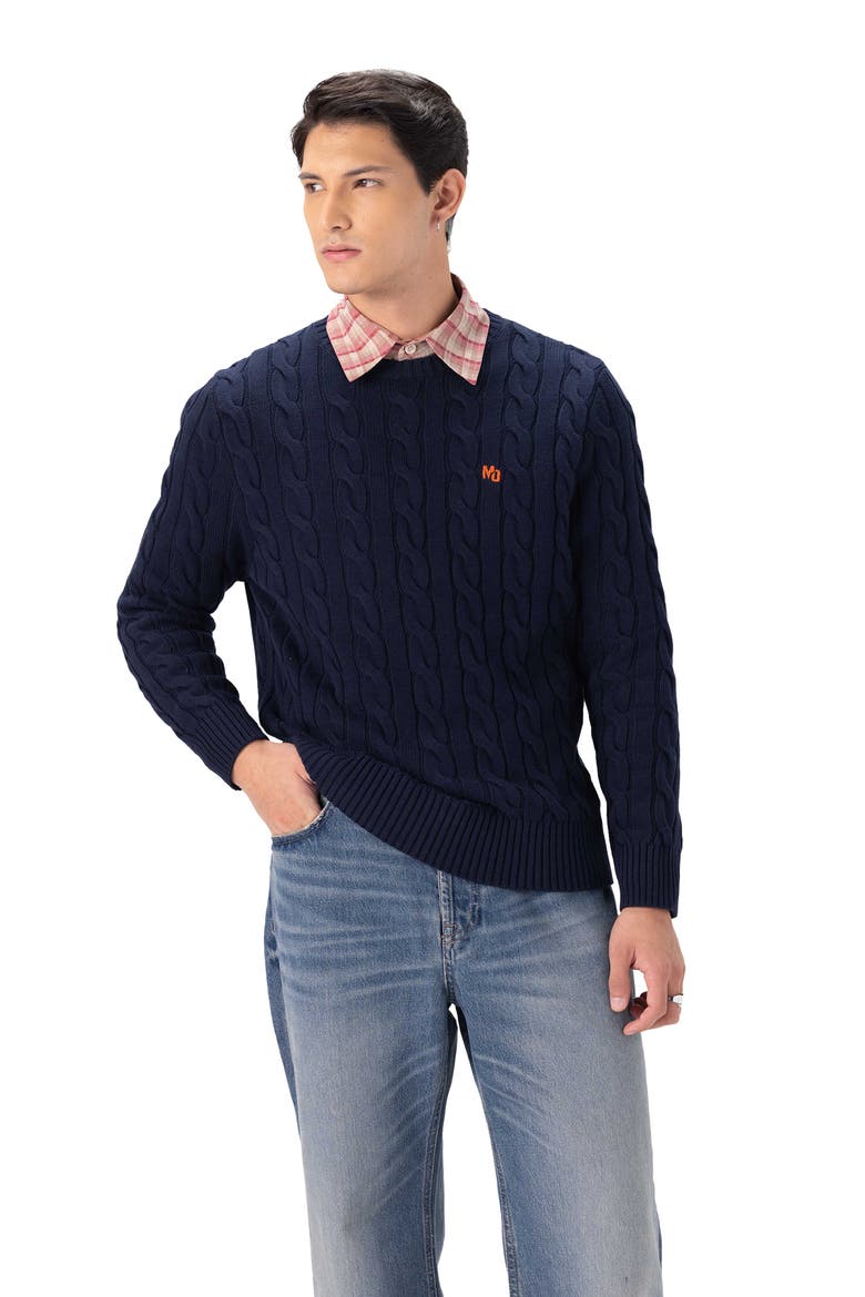 Men's Crew Neck Cable Sweater, Alternate, color, Navy