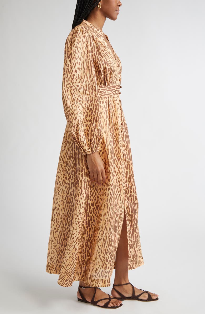 Zimmermann Cascadian Leopard Print Long Sleeve Linen Midi Dress, Alternate, color, Tan Leopard