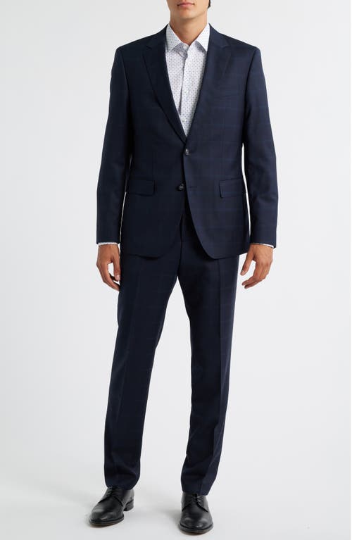 Hugo Boss Boss Huge Slim Fit Windowpane Check Navy Wool Suit In Blue