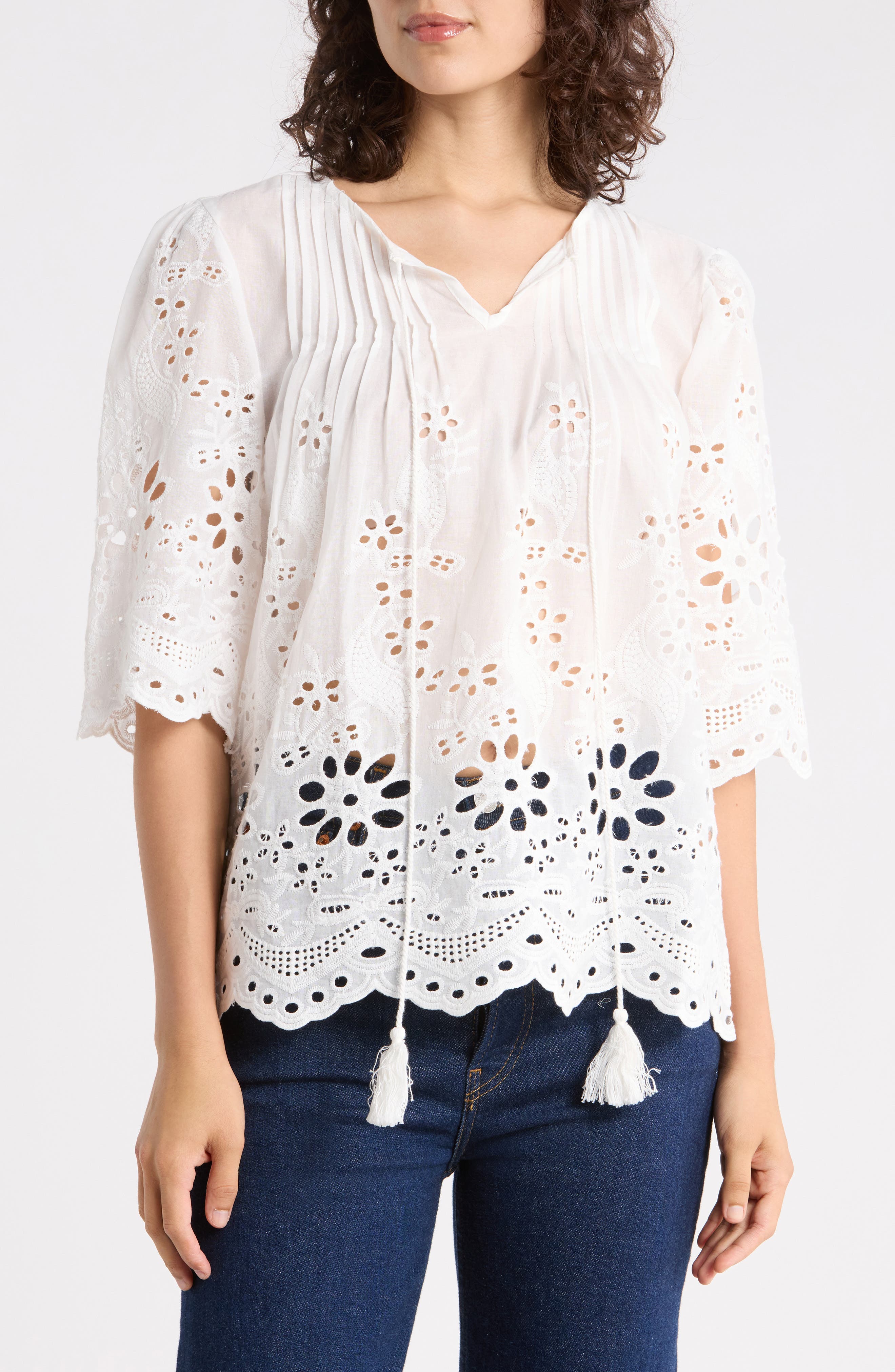 Eyelet Cotton Top with Scalloped Hem