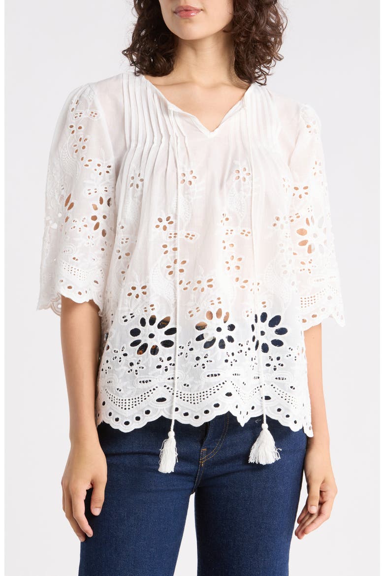 Eyelet Cotton Top with Scalloped Hem, Main, color, WHITE