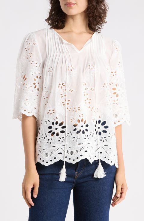 Eyelet Cotton Top with Scalloped Hem
