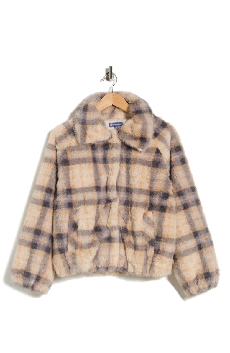 Democracy Plaid Faux Fur Bomber Jacket, Alternate, color, Walnut/ Shadow