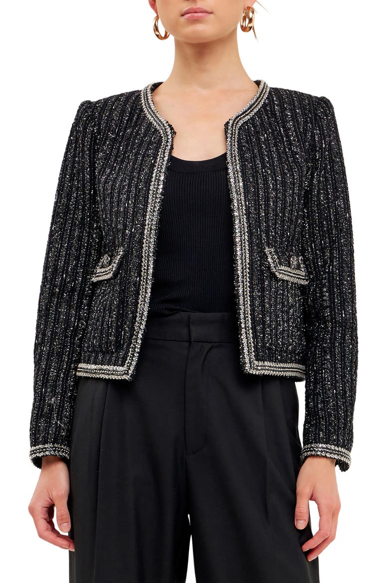 Premium Sequin Tweed Jacket, Main, color, BLACK