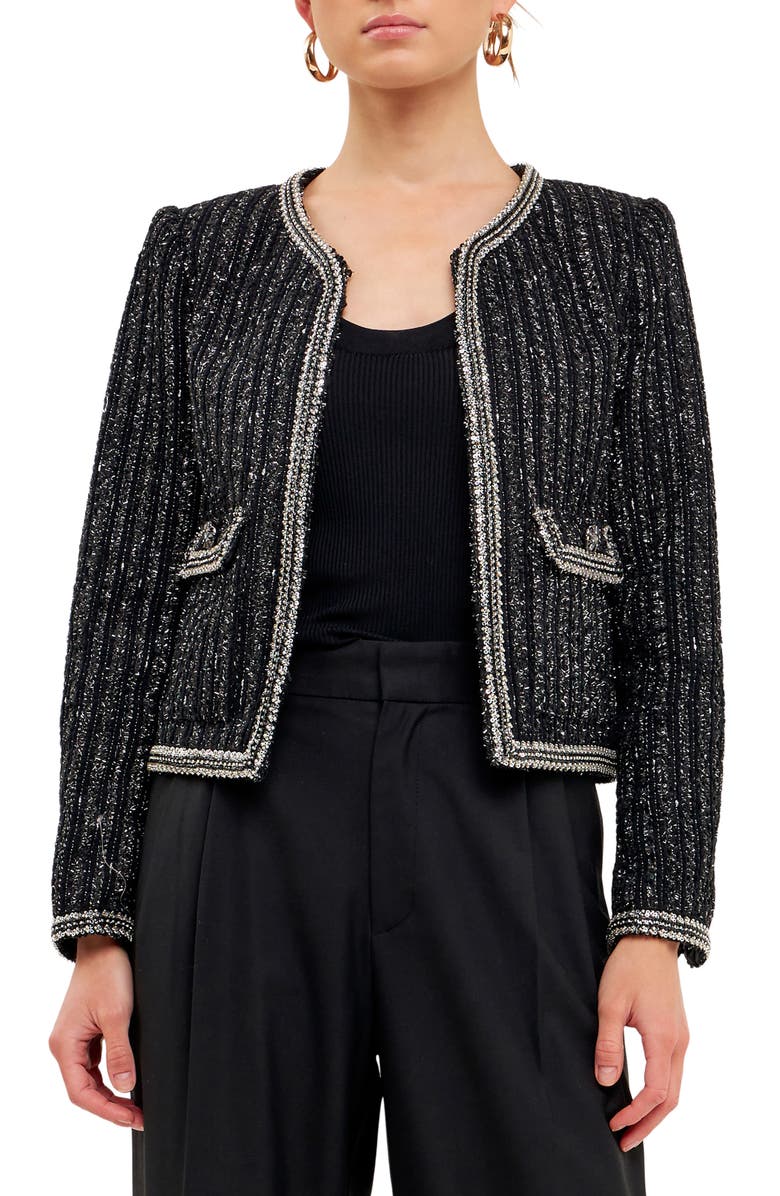Endless Rose Premium Sequin Tweed Jacket, Main, color, Black