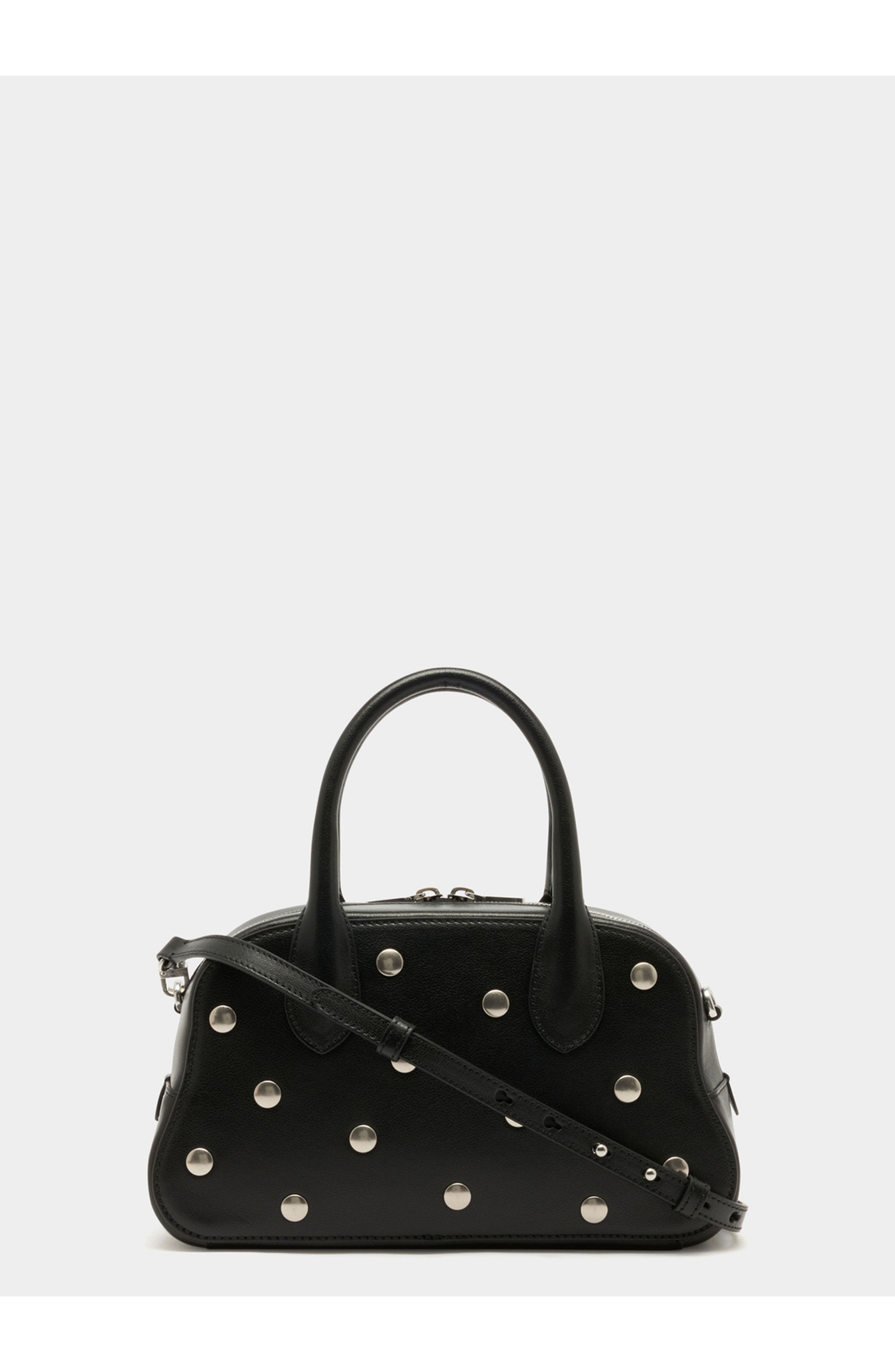 Bally Unda Top Handle Bag in Grained Calf Leather, Alternate, color, Black+Palladio
