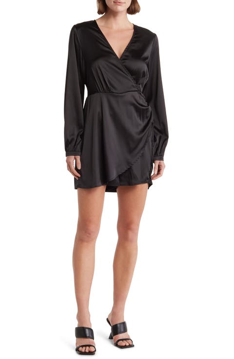 Long Sleeve Satin Faux Wrap Dress