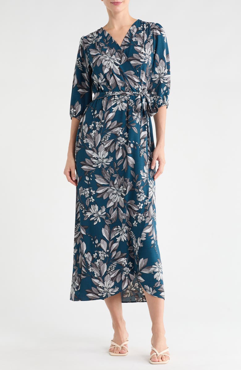 Connected Apparel Floral Wrap Maxi Dress, Main, color, Dark Mallard