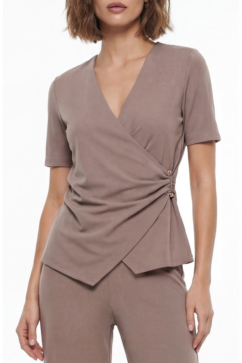 Cappuccino Short Sleeve Faux Wrap Top, Main, color, CAPPUCCINO