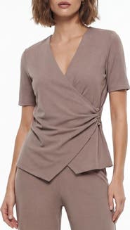 BY DESIGN Cappuccino Short Sleeve Faux Wrap Top