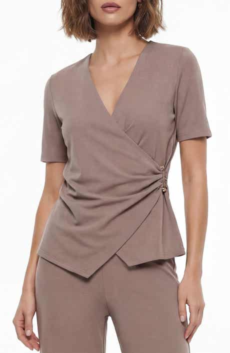BY DESIGN Cappuccino Short Sleeve Faux Wrap Top