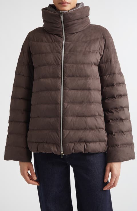 Faux Suede Quilted Down Puffer Jacket