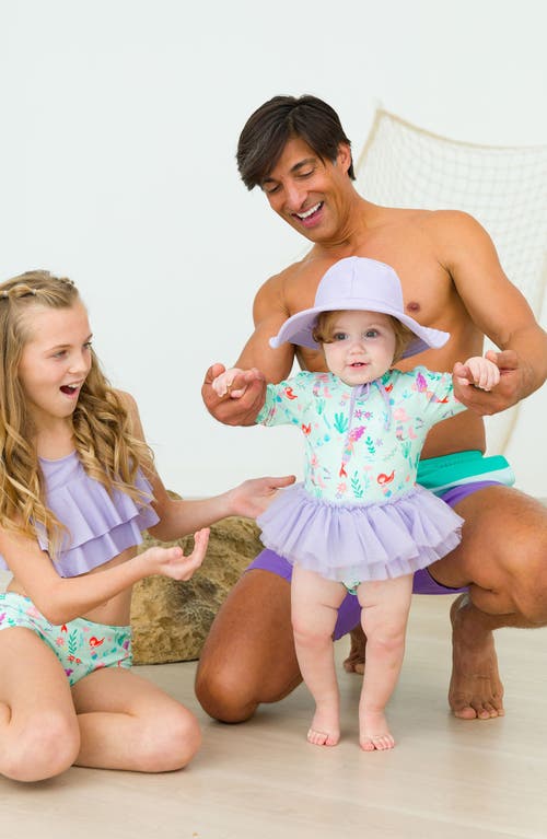 Rufflebutts Mermaid Skirted One-piece Rashguard Swimsuit & Sun Hat Set In Purple