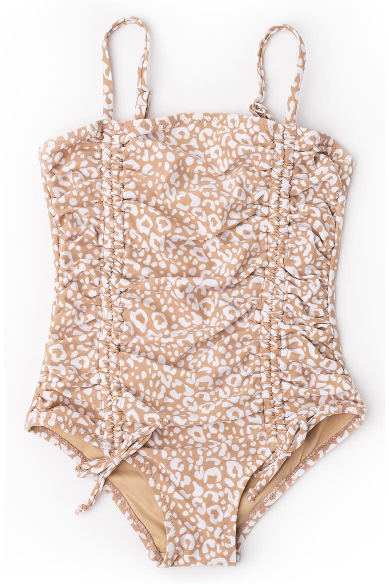 Kids' Ditsy Leopard Ruched One-Piece UPF 50+ Swimsuit, Alternate, color, BROWN