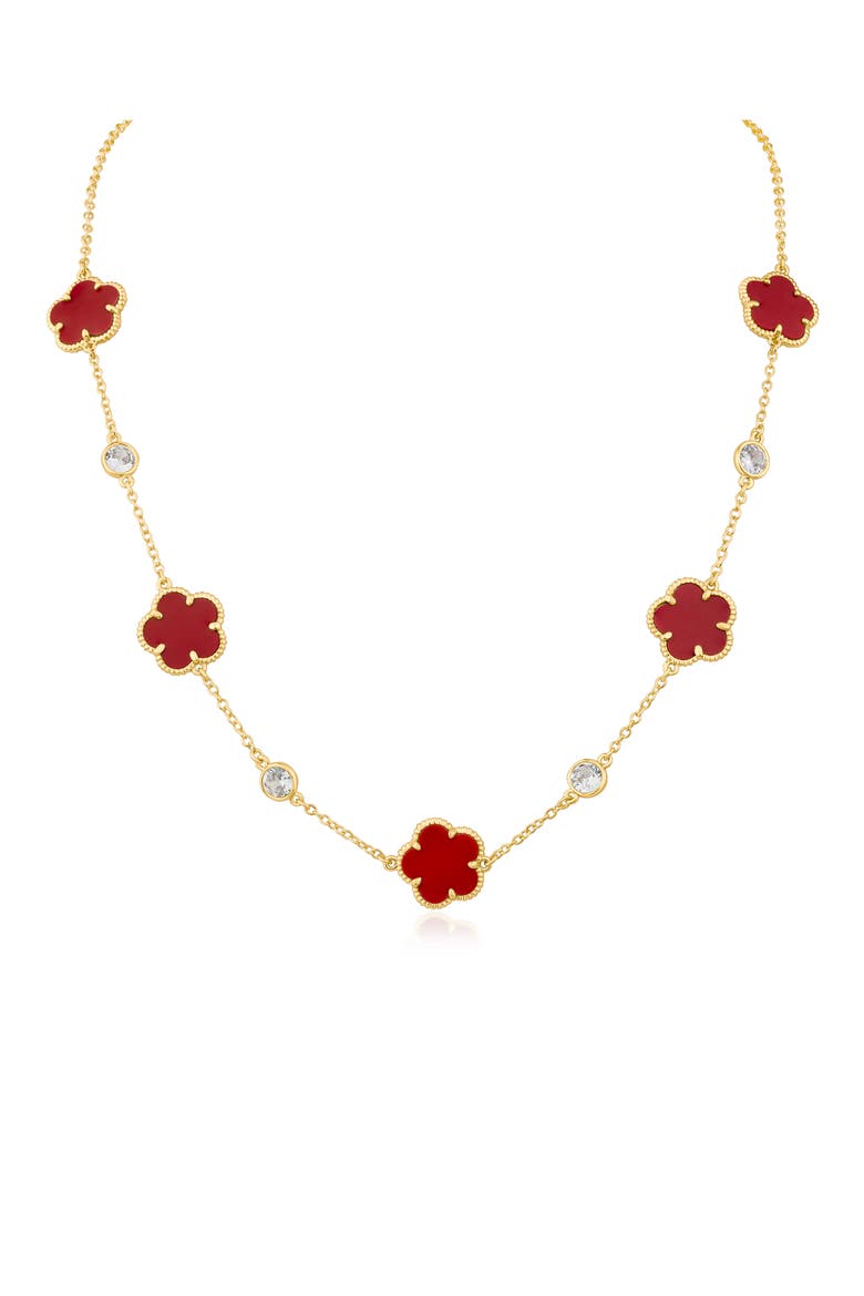 Cubic Zirconia & Enamel Clover Station Necklace, Main, color, RED/ CLEAR GOLD