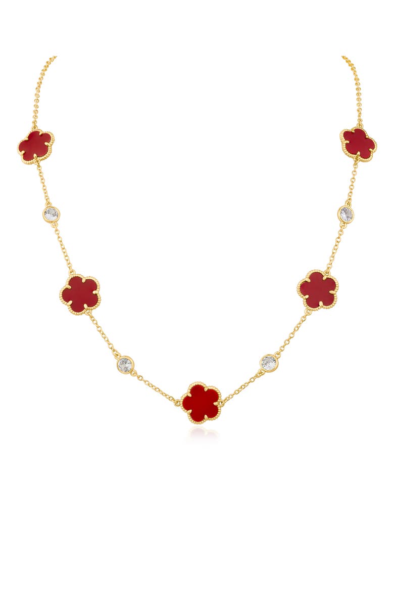 CZ by Kenneth Jay Lane Cubic Zirconia & Enamel Clover Station Necklace, Main, color, Red/ Clear Gold