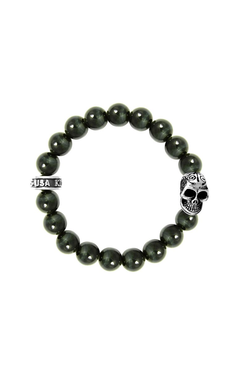 King Baby Studio 10mm Blue Tiger Eye Bracelet with Day of the Dead Skull, Main, color, Silver