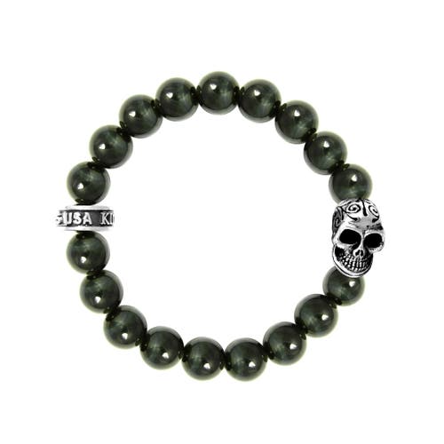King Baby Studio 10mm Blue Tiger Eye Bracelet With Day Of The Dead Skull In Silver
