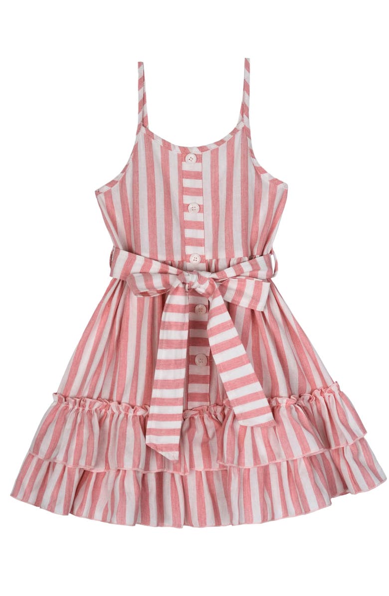 Mia Belle Girls Girls Pink Candy Stripe Button-Up Linen Ruffle Dress, Main, color, Pink