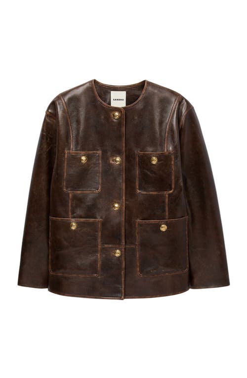 Sandro Womens Black Brown Distressed Button-embellished Leather Jacket In Brown