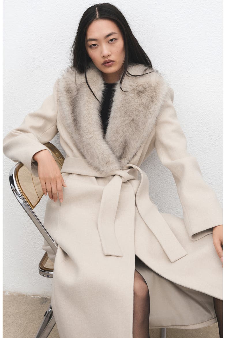 Manteco Longline Trench Coat with Removable Faux Fur Collar, Alternate, color, LIGHT IVORY/ PASTEL GREY