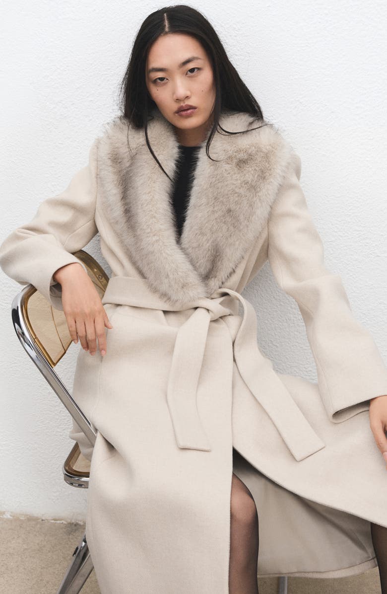 MANGO Manteco Longline Trench Coat with Removable Faux Fur Collar, Alternate, color, Light Ivory/ Pastel Grey