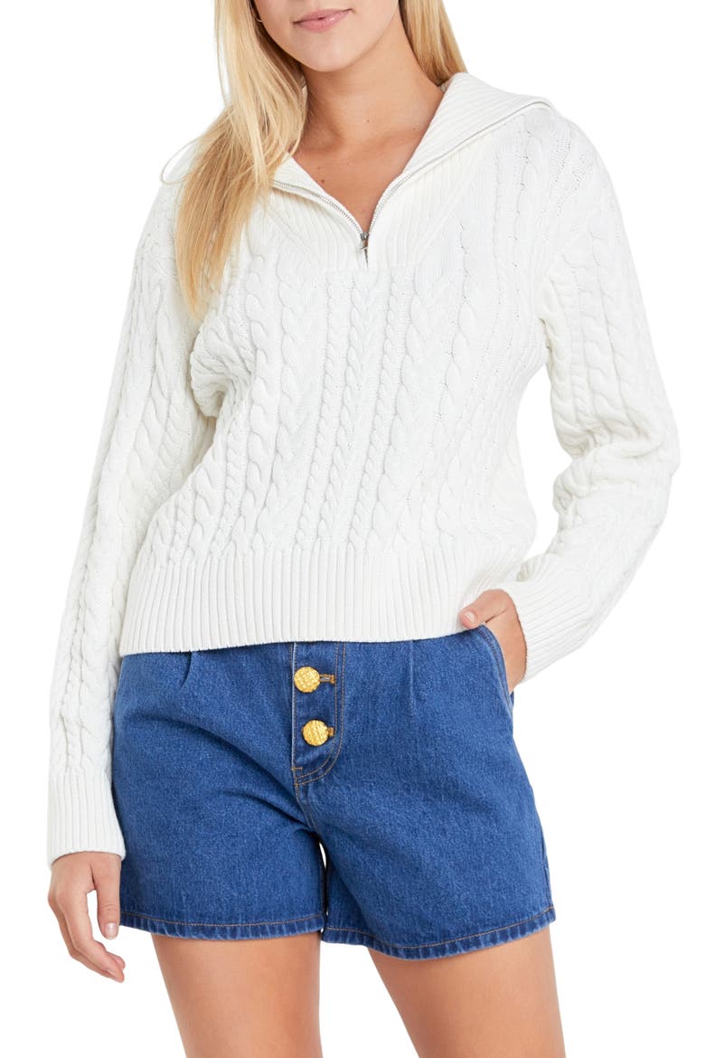 Quarter Zip Cable Knit Cotton Sweater, Main, color, IVORY