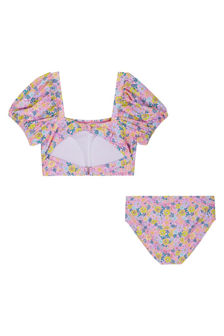 Kids' Floral Puff Sleeve Two-Piece Swimsuit, Alternate, color, PURPLE FLORAL