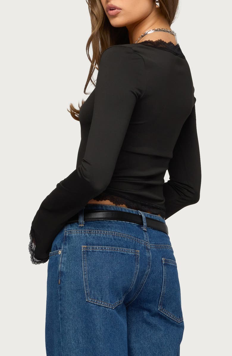 EDIKTED Kailin Lace Trim Bell Sleeve Crop Top, Alternate, color, Black