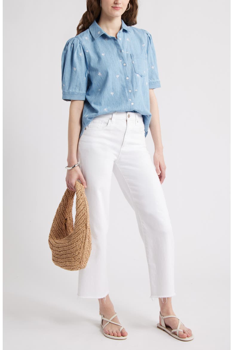 Embroidered Short Sleeve Chambray Button-Up Shirt, Alternate, color, LIGHT WASH