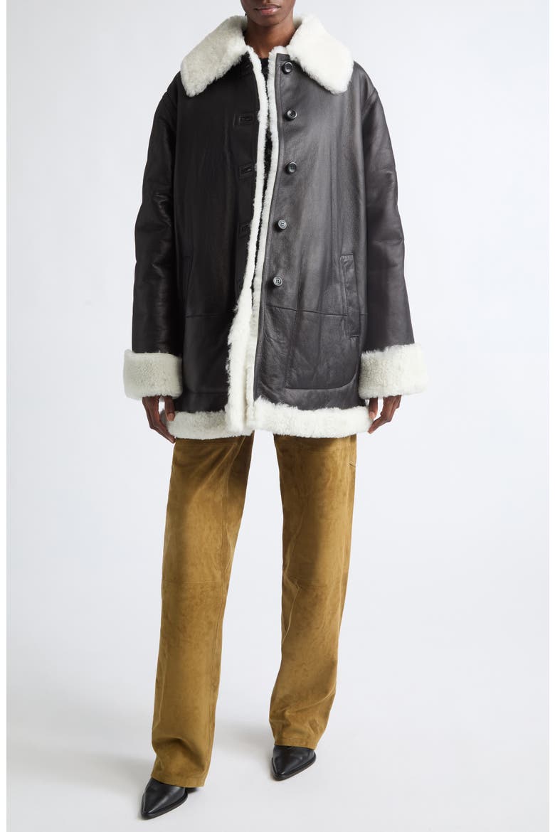 Blake Genuine Shearling Trim Leather Coat, Alternate, color, BLACK WHITE