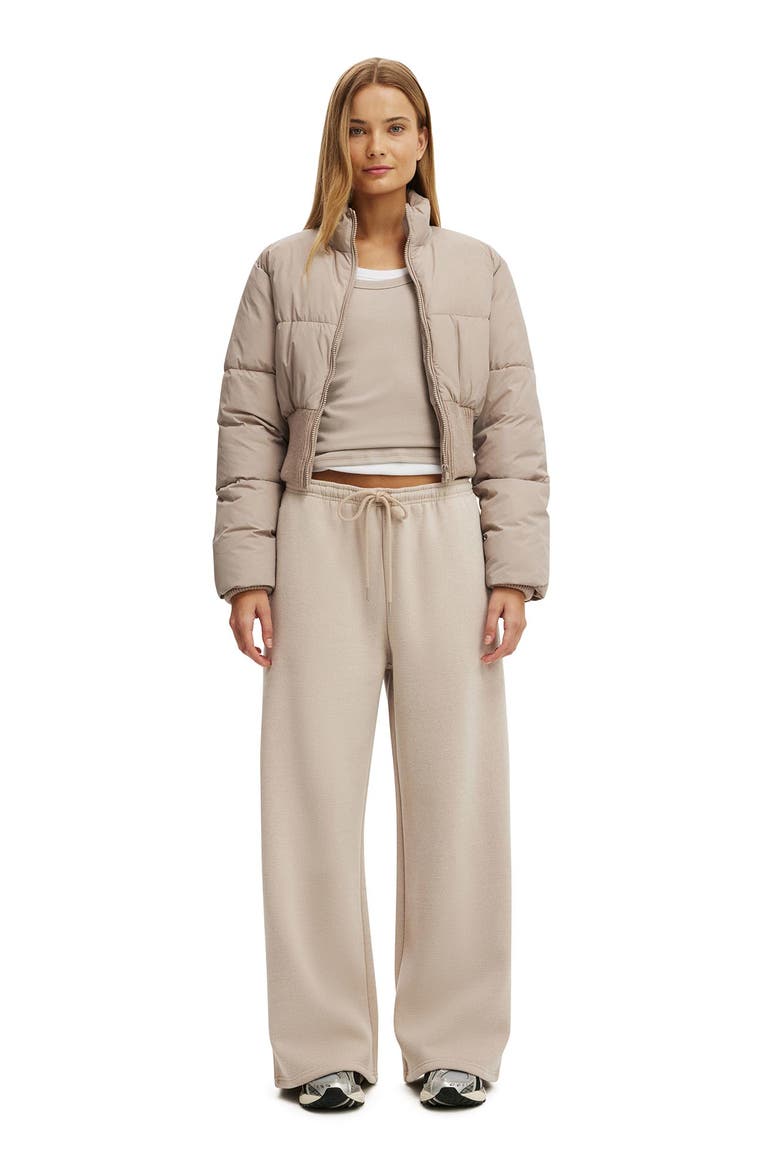 Women's Active Plush Tie Waist Wide Leg Sweatpant, Alternate, color, Sesame Marle