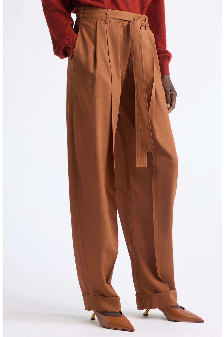 Belted Pleated Barrel Leg Virgin Wool Trousers, Alternate, color, COGNAC