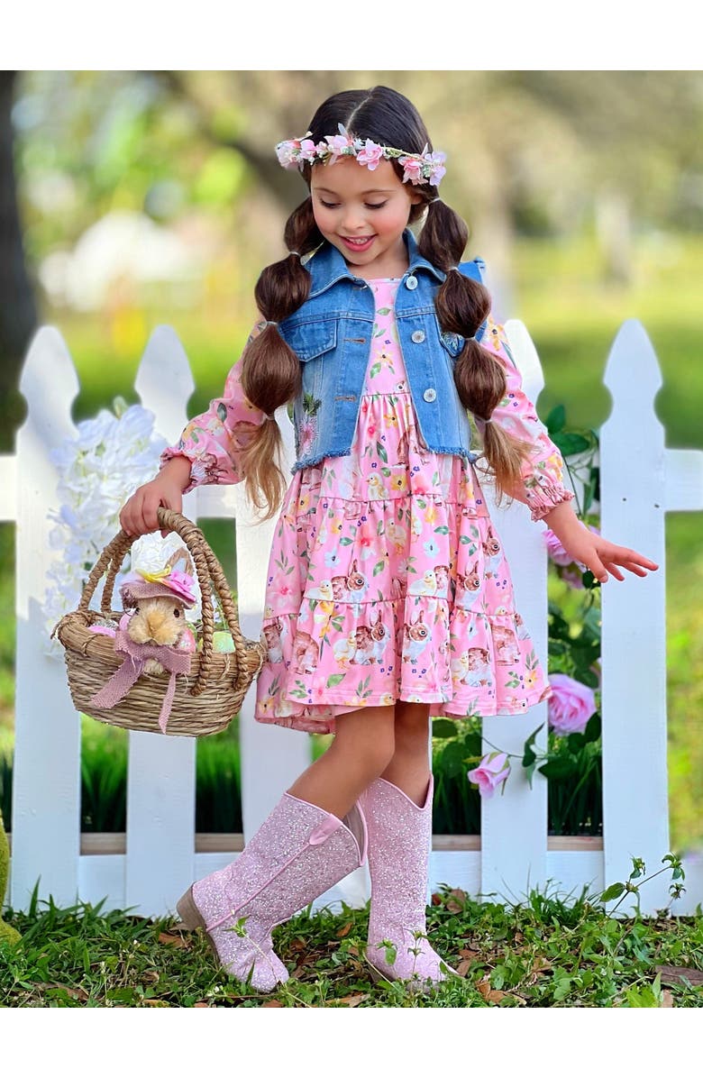 Mia Belle Girls Girls My Sweet Spring Denim Vest And Floral Bunny Dress Set, Alternate, color, Coral