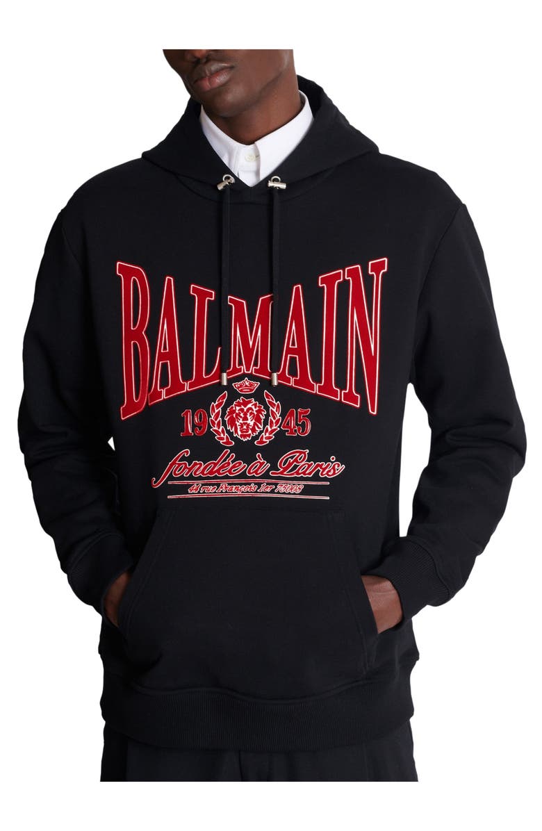 Balmain Flocked Balmain College hoodie, Alternate, color, Black