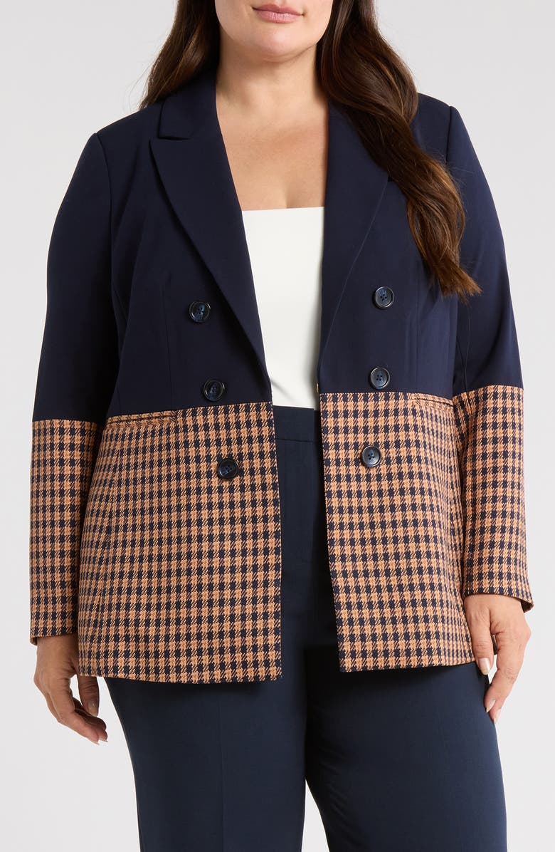 Tahari ASL Check Color Block Jacket, Main, color, New Navy Ginger