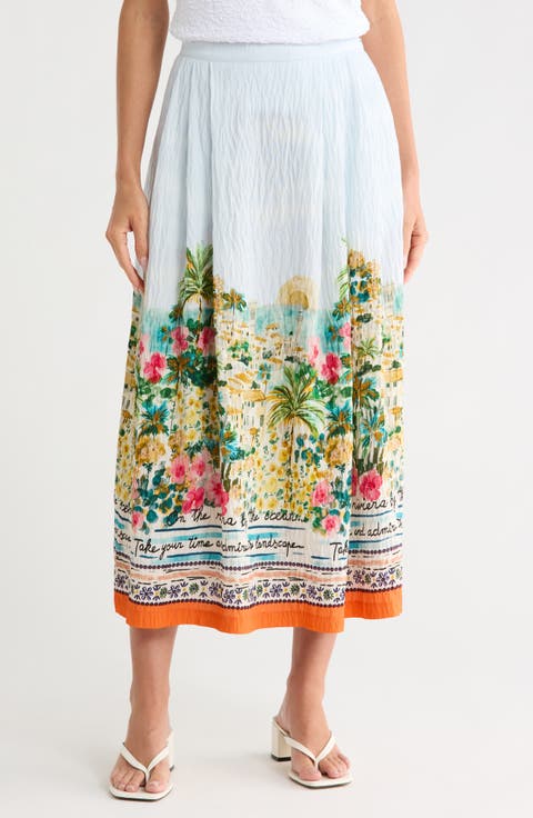 Printed Pleat Midi Skirt