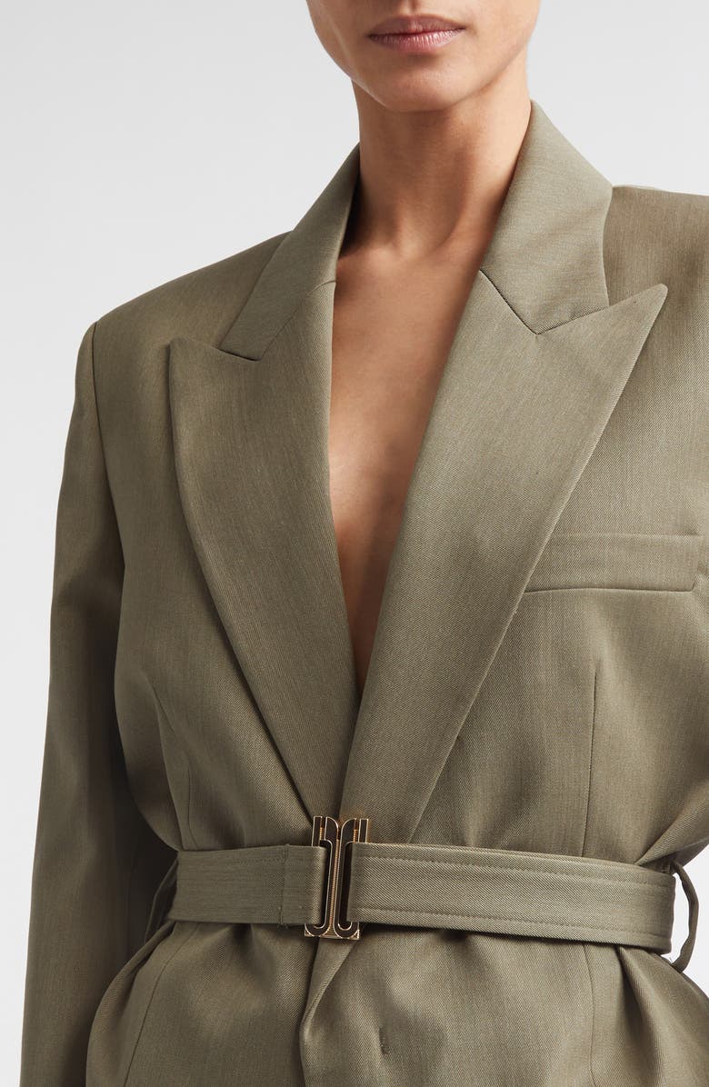 Victoria Beckham Tailored Belted Wool Blend Twill Jacket, Alternate, color, Sage Melange