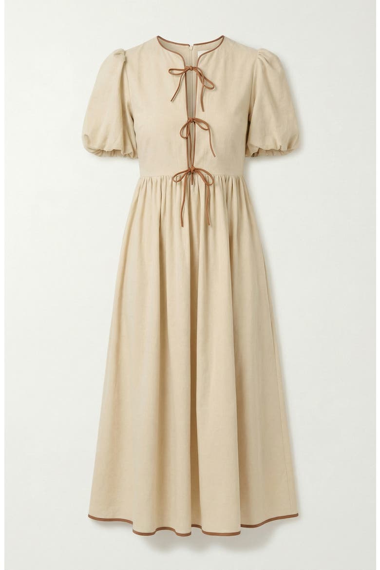 Midi Puff Sleeve Dress with Contrast Ties and Hemline Trim, Alternate, color, Off-white / Cream