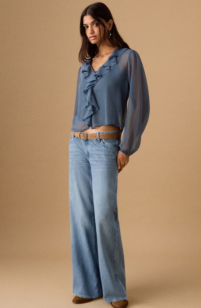 MANGO TEEN Sheer Ruffle Detail Button-Up Shirt, Alternate, color, Sky Blue