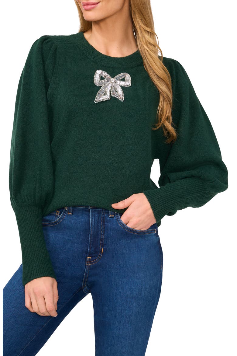 Sequin Bow Detail Sweater, Main, color, WINDSOR MOSS