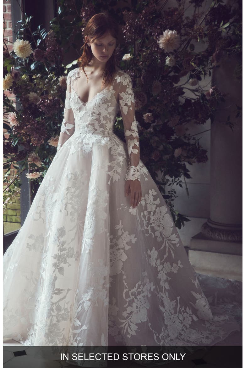 Maeve Long Sleeve Illusion Lace Wedding Dress, Main, color, SILK WHITE / CAMEO