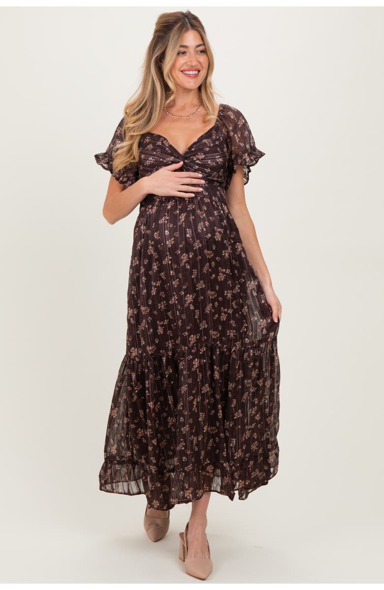 PinkBlush Floral Stripe Twist Front Cutout Maxi Dress, Alternate, color, Brown