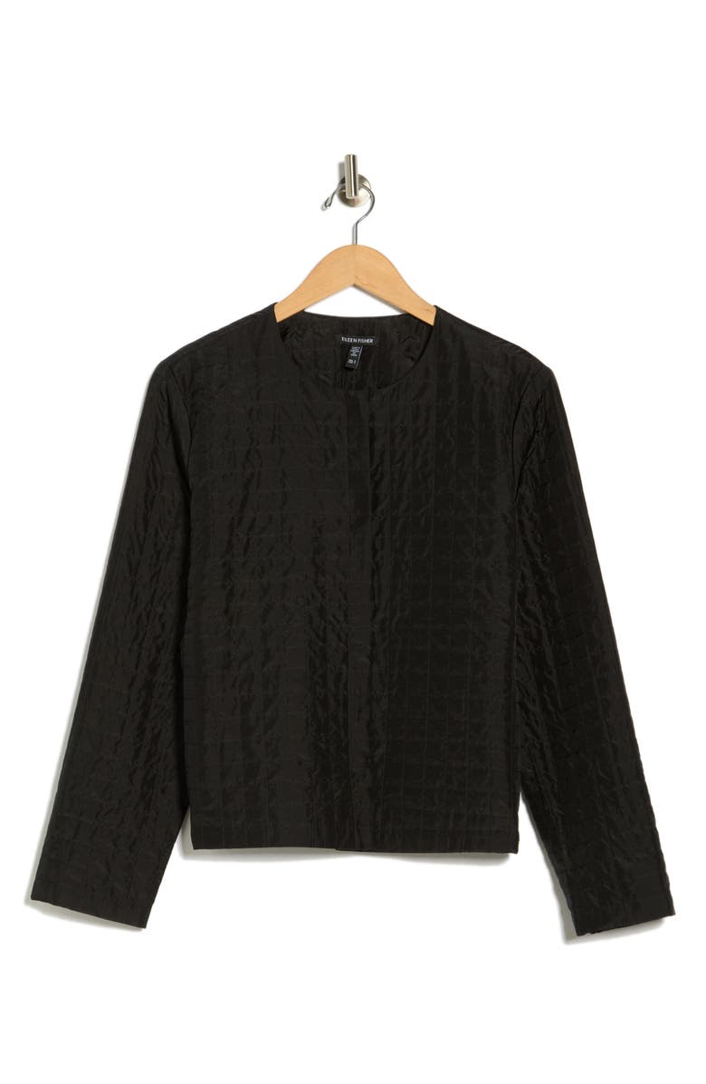 Eileen Fisher Silk Habutai Quilted Round Neck Jacket, Alternate, color, Black