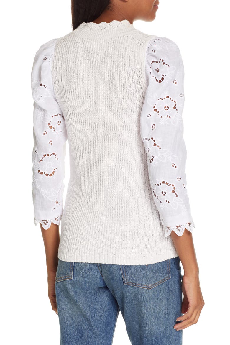 Mix Media Eyelet Sleeve Cotton Sweater, Alternate, color, WASHED PETAL