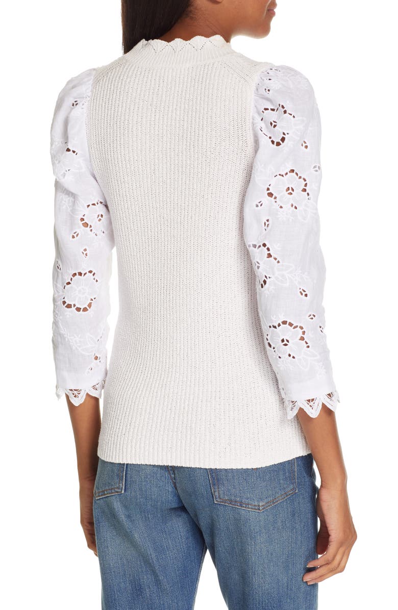 Rebecca Taylor Mix Media Eyelet Sleeve Cotton Sweater, Alternate, color, 