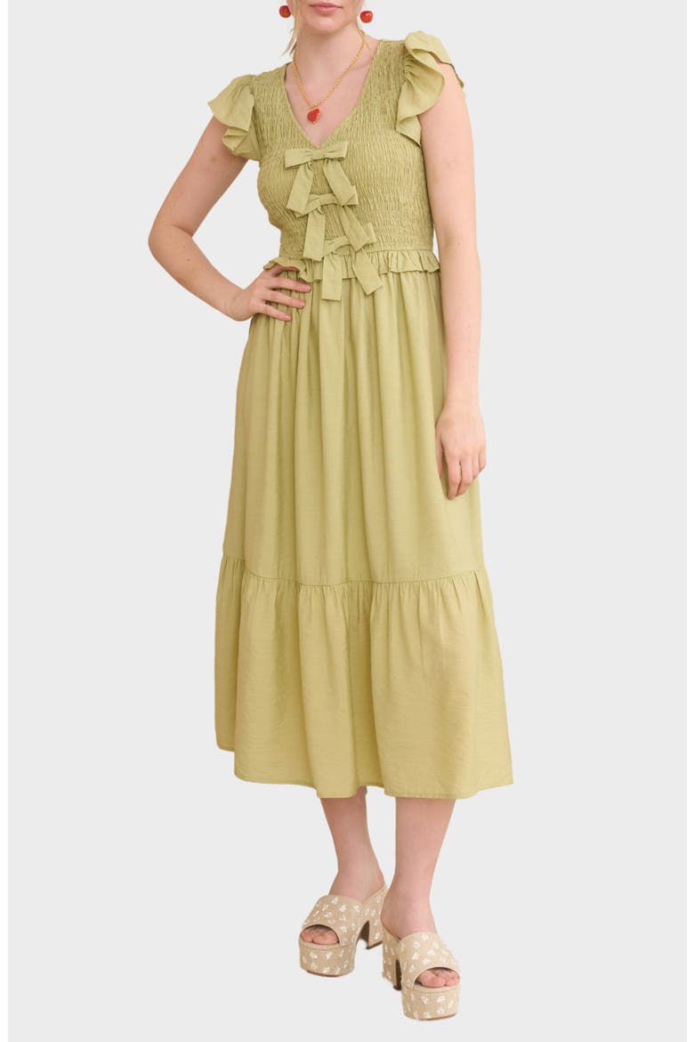 Bow Cap Sleeve Smocked Fit & Flare Midi Dress, Main, color, LIGHT OLIVE