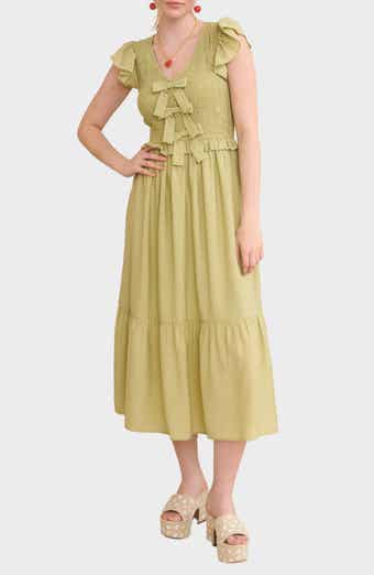 Blu Pepper Bow Cap Sleeve Smocked Fit & Flare Midi Dress